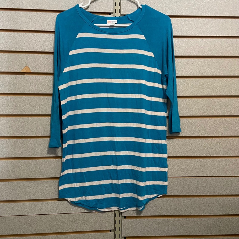 LuLaRoe Turquoise White Striped Raglan Sleeve Tunic Top Size Small